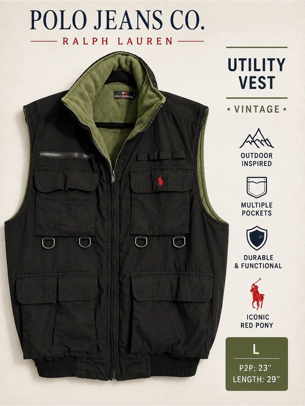 Vintage Polo Jeans Co Ralph Lauren Utility Fishing Vest Black Fleece Lined Sz L